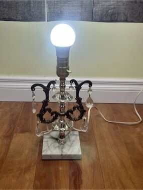 Vintage Hollywood Regency Ornate Table Lamp - Marble Base & Crystal Prisms - 12"